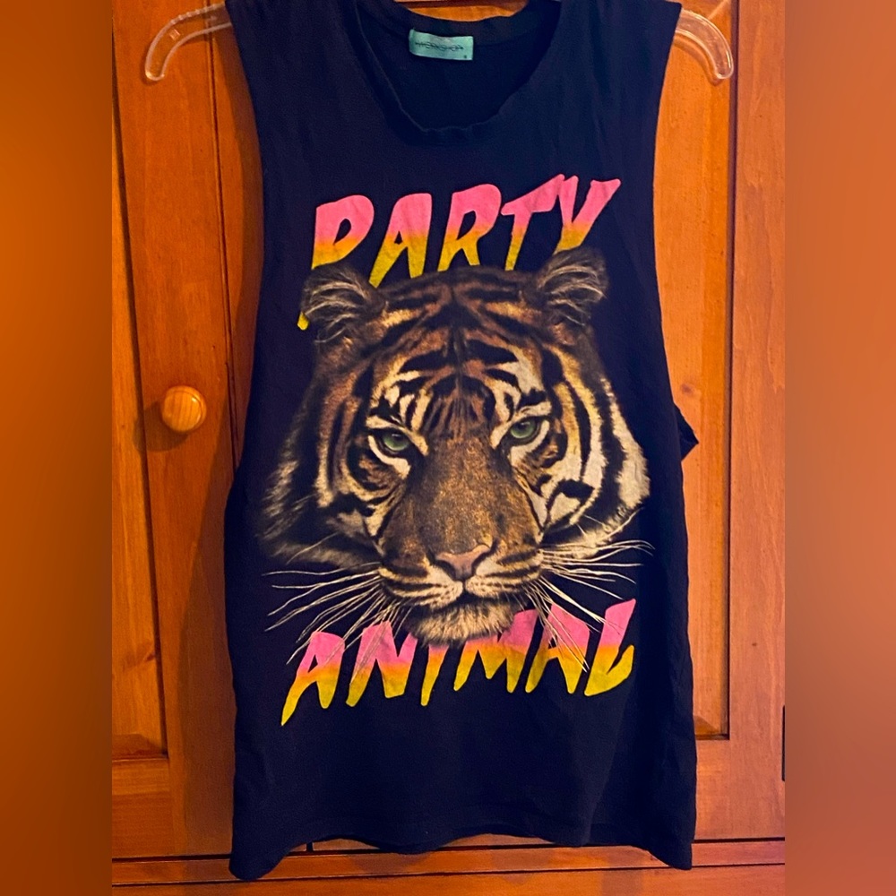 Brand: Workshop; Size: Small; sleeveless black 100% cotton T-Shirt. Party Animal